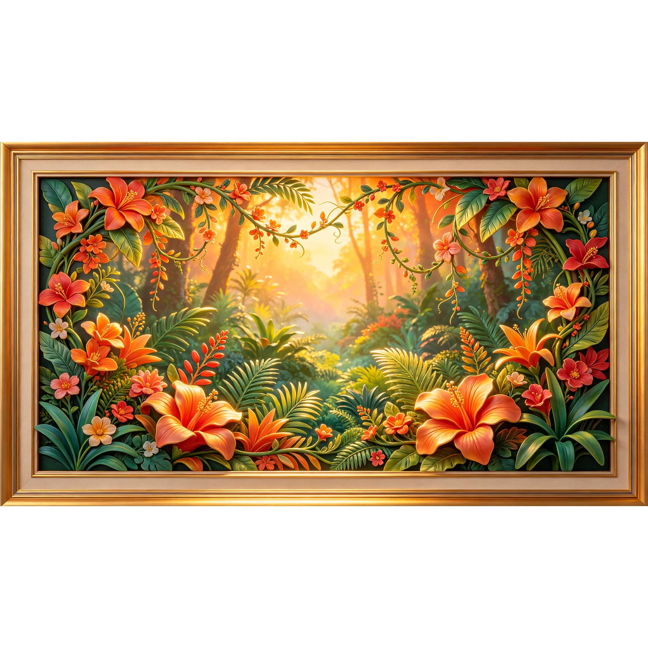 QZLITHOTIC 50×90cm3D Framed Wall Art， Tropical Sunset Floral Botanical SelfAdhesive Mural， WaterActivated Peel & Stick Fabric Decor Wall Decal for Bedroom Living Room