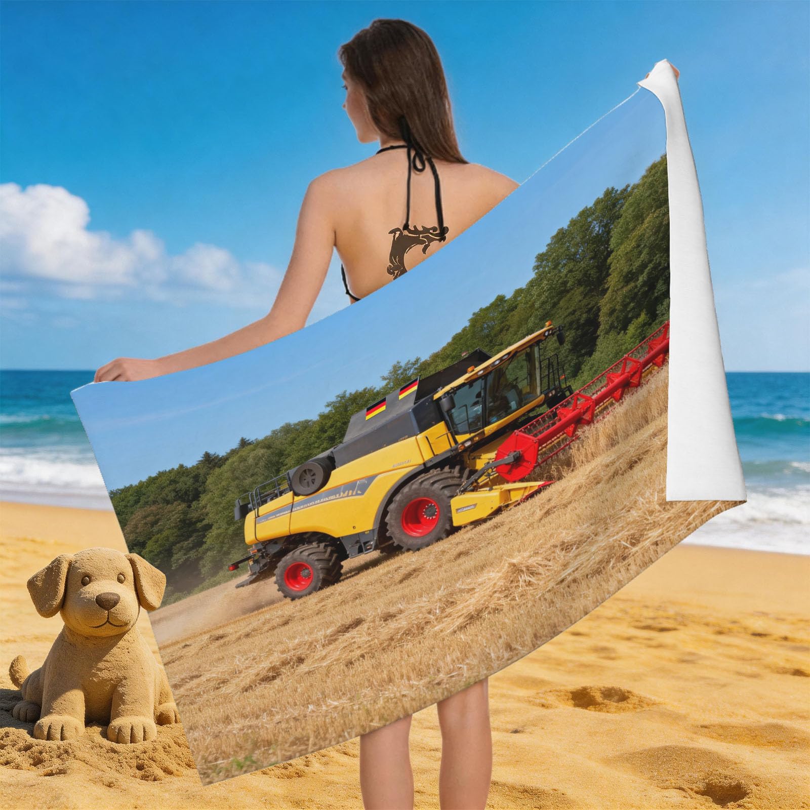 Leichong 3D Harvester Beach Towel Microfiber Soft Quick Dry for Adults, Farm Bath Towel Lightweight Soft Absorbent for Travel Swimming Pool Sports, 75 x 150 cm