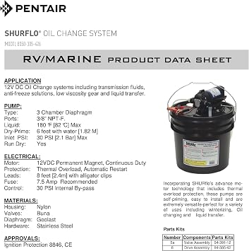 PENTAIR SHURFLO 8050-305-426 Oil Change Winterizing System, Liquid Transfer, Self-Priming Pump for RV & Marine, 8' Cable, Battery Clips & Host Kit Included