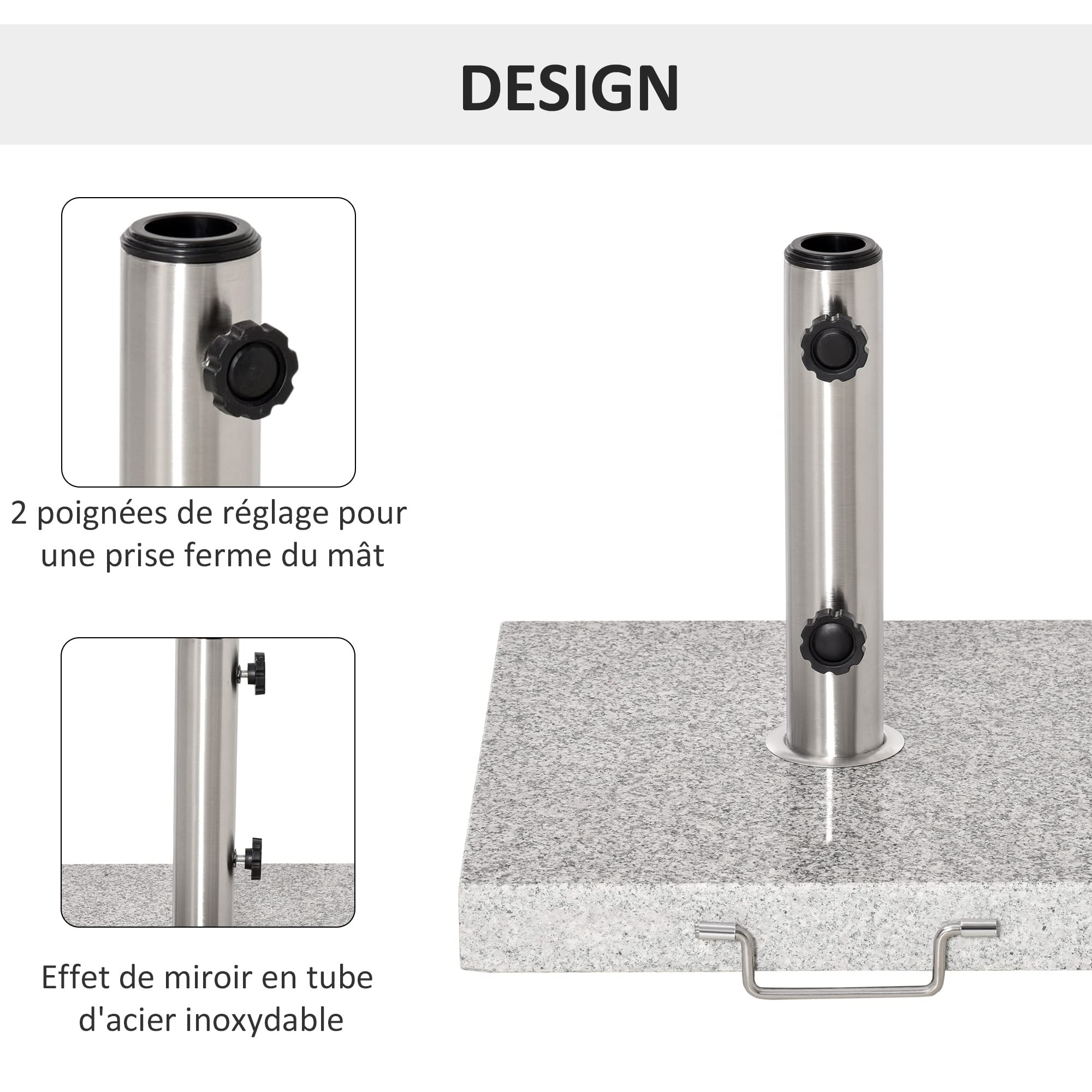 Outsunny Pied de Parasol Carré 25 kg Granit Tube Inox 40x40x36 cm Gris | Support Parasol, Ø 35/38/48 mm, Terrasse Piscine Patio Jardin