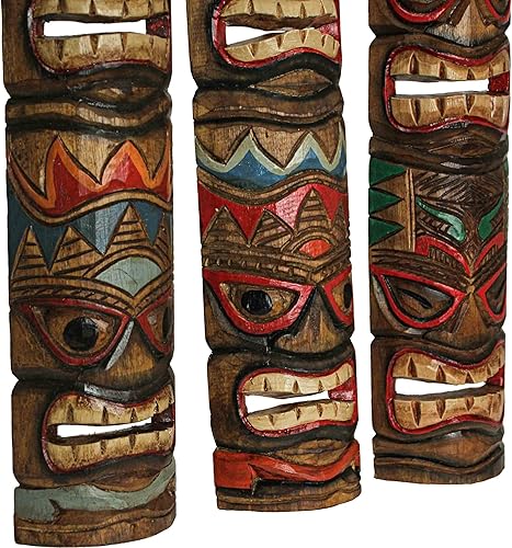 Miniatura 3 de Zeckos Juego de 3 máscaras Tiki dobles de madera marrón talladas a mano con tótem de animales oceánicos, esculturas de decoración de pared - 24