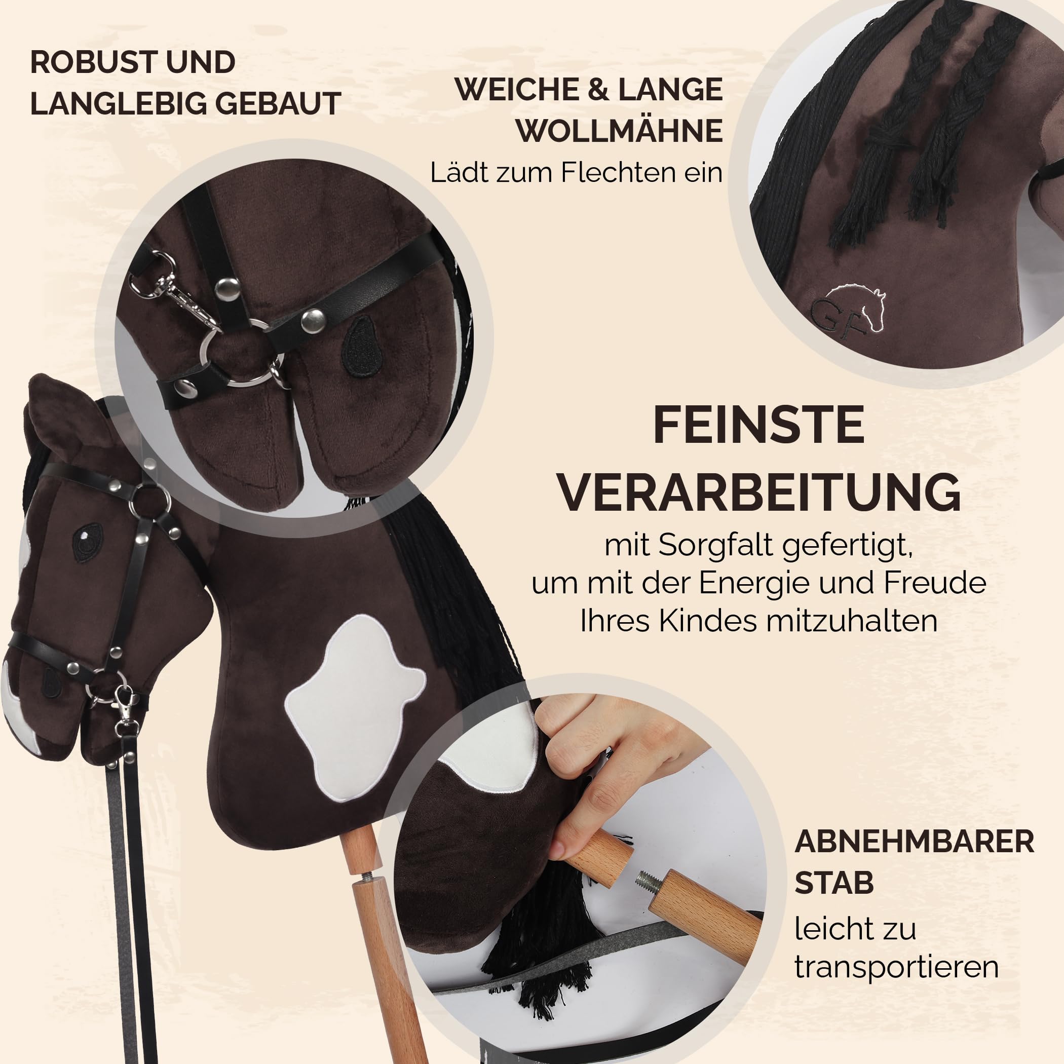 GaloppFreude Hobby Horse Horse - Caballo grande A3 con varilla de tornillo y brida - Caballo para montar a caballo para niños y caballos con crines largos, incluye accesorios para el Hobby Horse