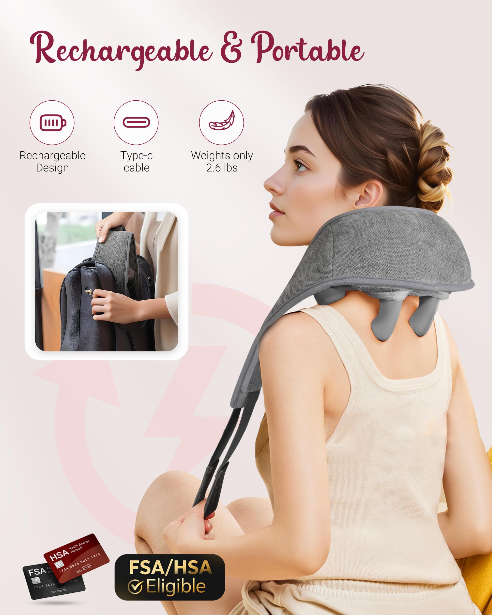 THERAZZAGGE Cordless Neck Massager with Heat - FSA Eligible HSA Neck Shoulder Massager for Pain Relief Deep Tissue,6D Deep Kneading Shiatsu Back Massage, Gifts for Fathers Men Women 3