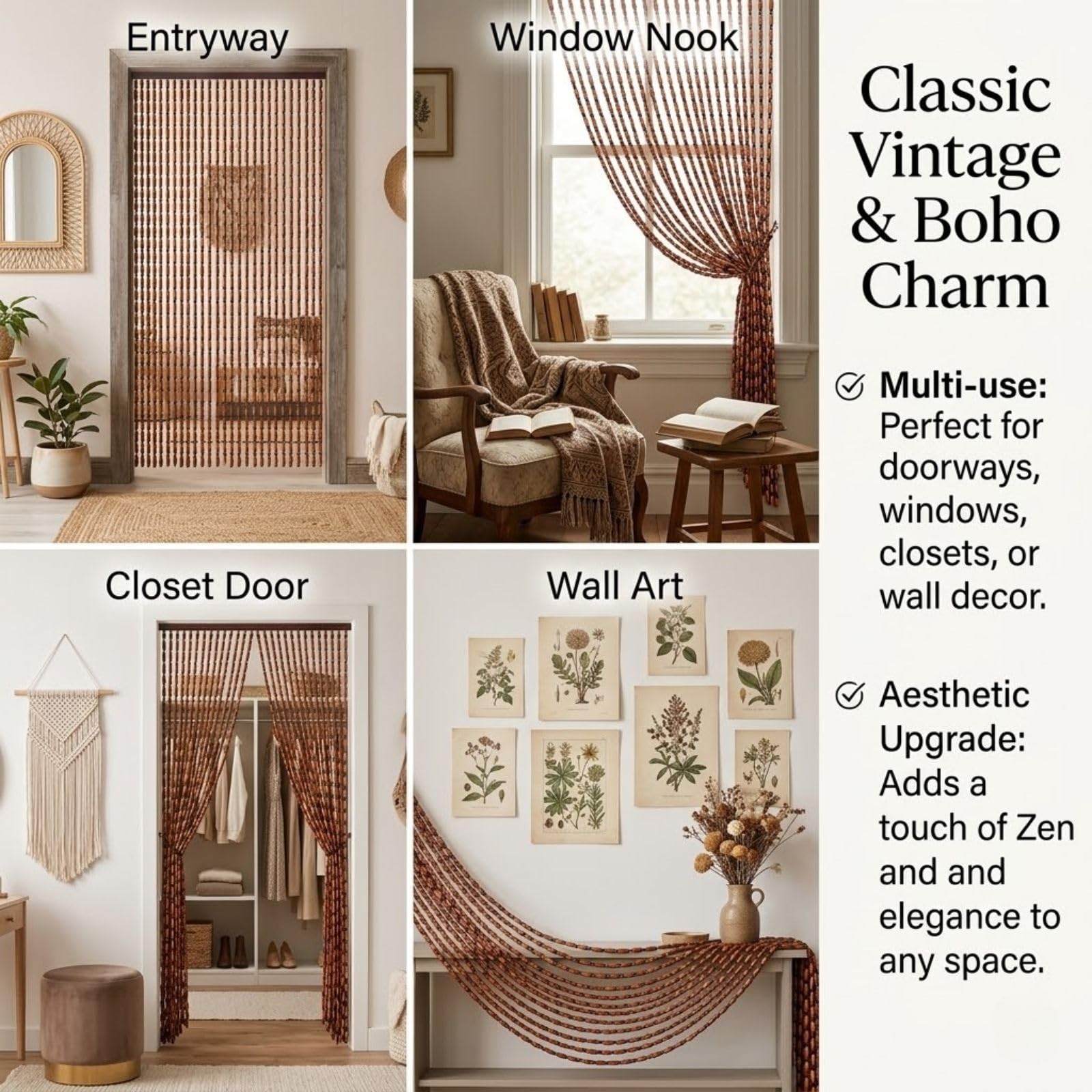 Zasłony z koralikami do drzwi, zasłony z koralikami z naturalnego drewna o długości 25-61 sznurków, ręcznie robiony panel dzielący pokój w stylu retro o wysokiej gęstości, jako moskitiera, p