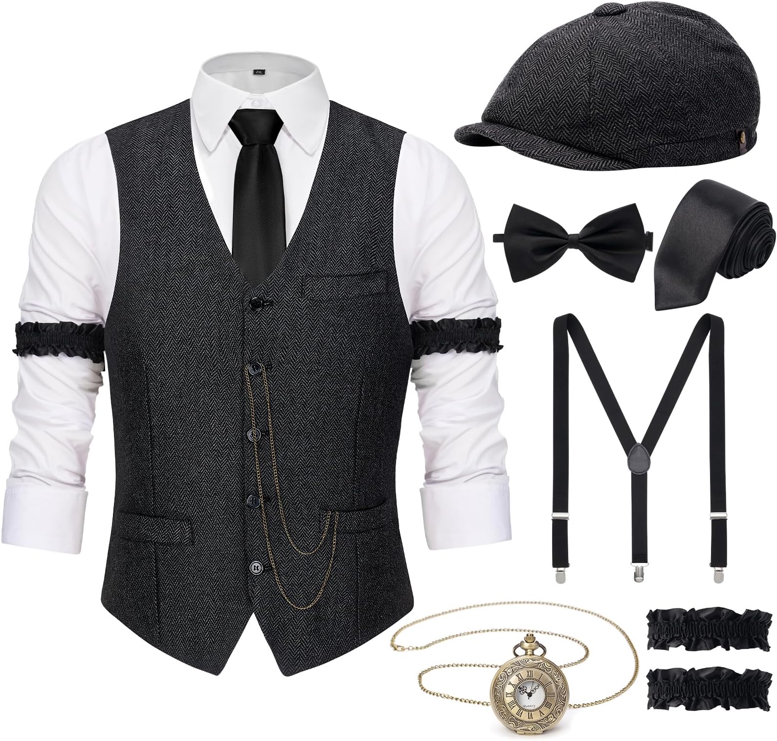 1920s Mens Costume,Roaring 20s Costumes for Men,Gatsby Costume Men,1920s Mens Outfit Hat Vest Pocket Watch Tie
