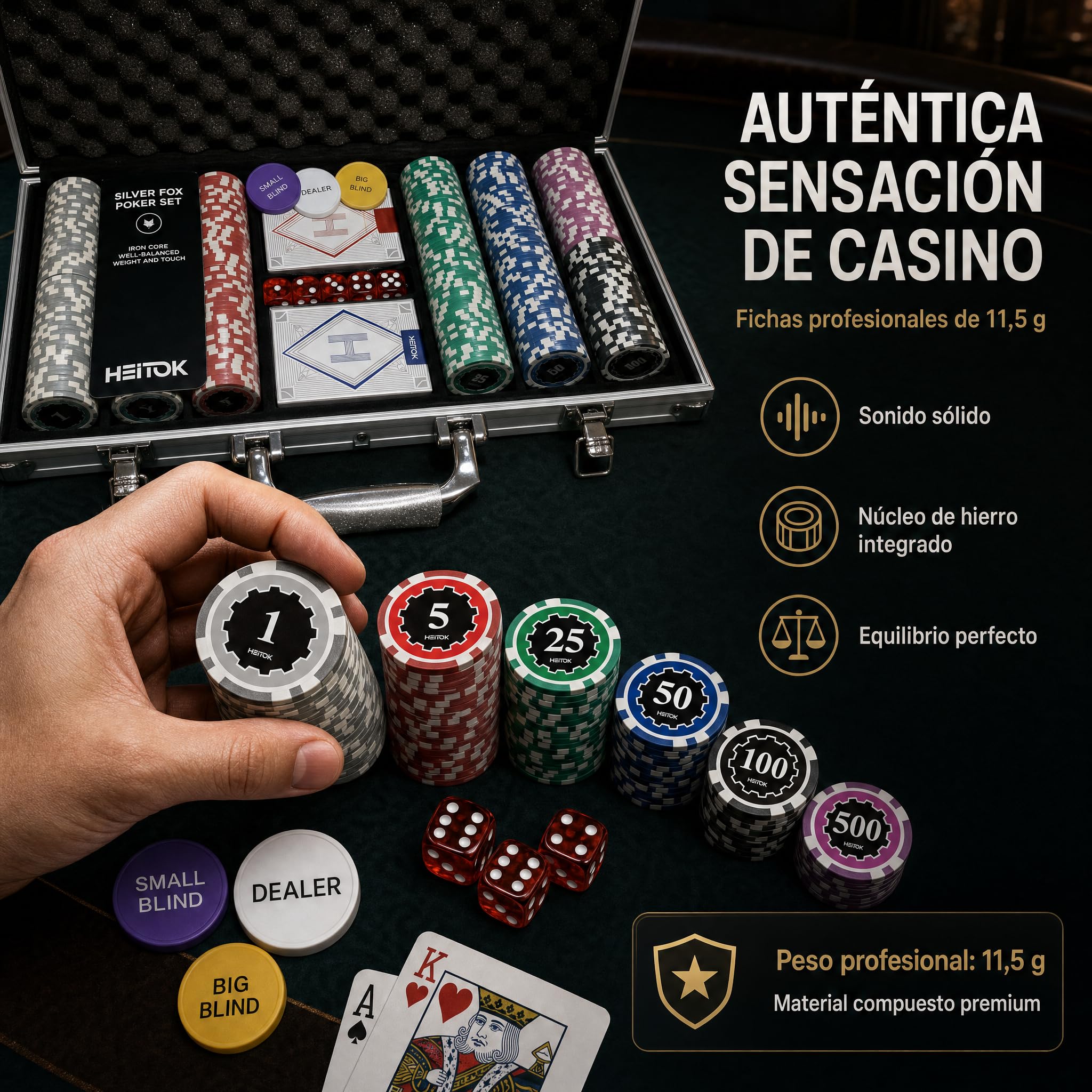 HEITOK Maletín de Póker Profesional 300 Fichas Numeradas 11.5g Núcleo Metal - Estuche Aluminio, 2 Barajas, Dados y Botones para Texas Holdem