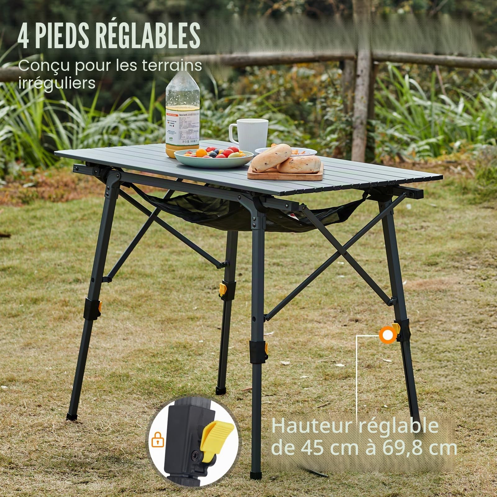 Portal Table de camping pliante réglable en aluminium 90 x 53 cm pour 4 personnes