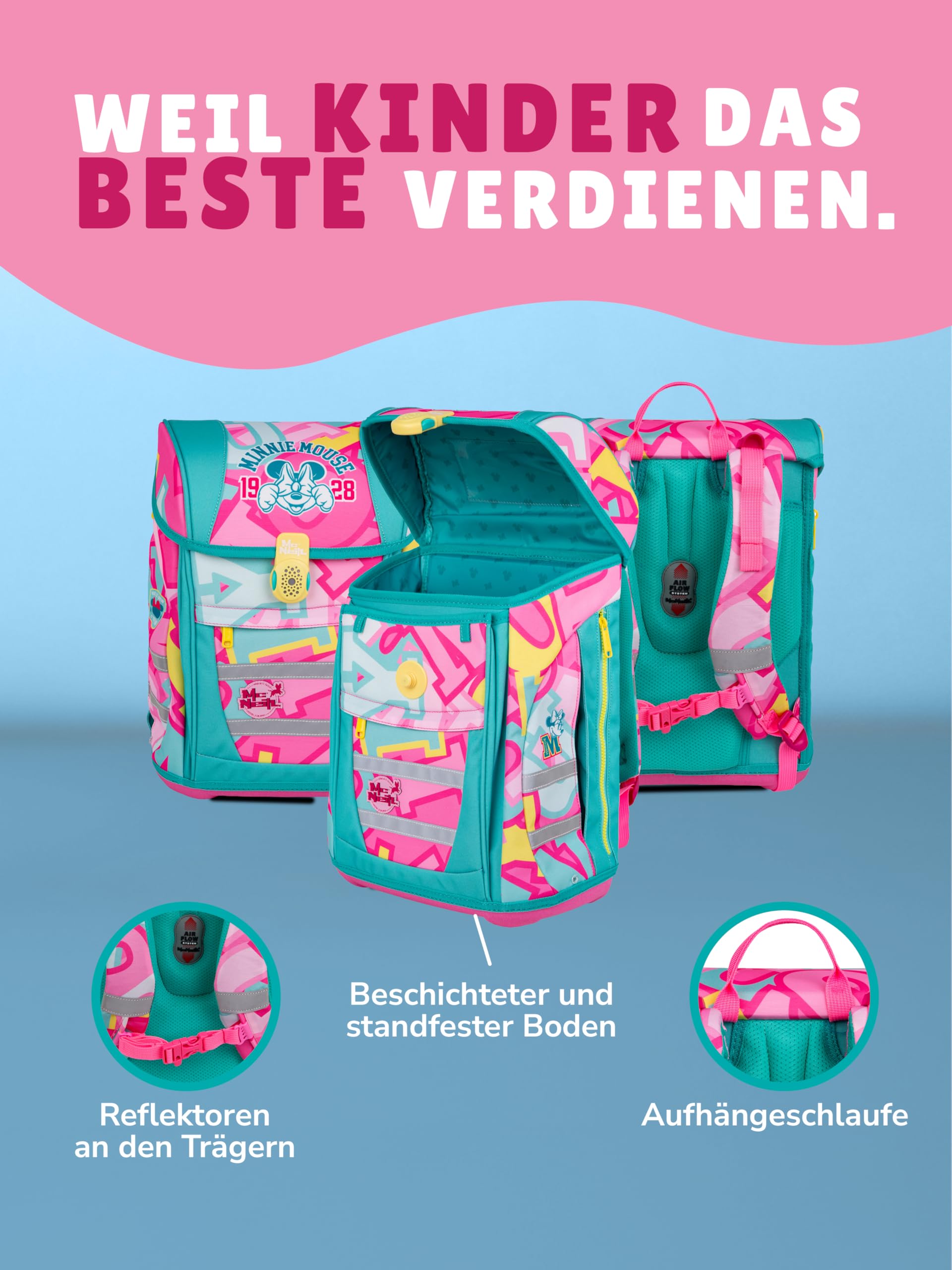 Familando - McNeill Teneris Schulranzen Set - 9-teilig mit Sporttasche - Minnie Mouse - Ergonomisch & verstellbarer Brustgurt - 980g leicht mit 18L Volumen & Reflektoren - Für Grundschule ab 1. Klasse