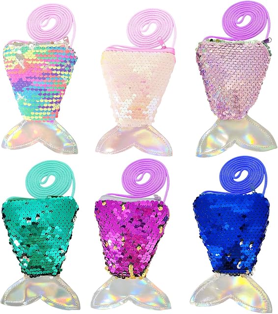 6 PCS Mini Children's Coin Purse,Glittering Mermaid Tail Sequins Zipper Wallet Pouch with Strap Crossbody Shoulder Bag for Women Little Girls
