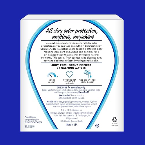 Miniatura 7 de Summer's Eve Toallitas femeninas de protección contra olores, complejo de ácido bórico para equilibrio de pH, 12 unidades