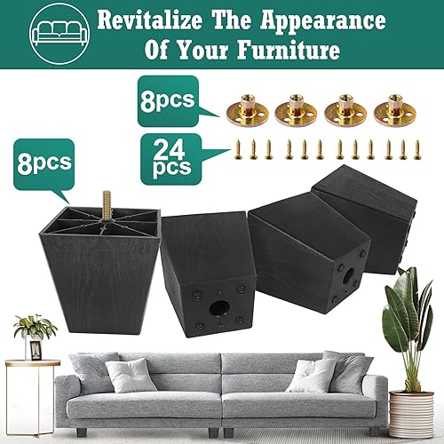 Miniatura 2 de Pernos de rosca métrica M8-1.25, patas de plástico para muebles, patas de sofá cuadradas negras de 4 pulgadas con tuercas de placa, reemplazo de