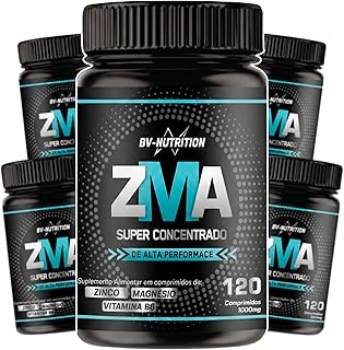 Kit 5x Zma Super Concentrado Zinco Bisglicinato, Óxido e hidróxido de Magnésio Vitamina B6 Piridoxina 120 Comprimidos Rende 60 Doses Suplemento Alimentar Desempenho - BV Nutrition