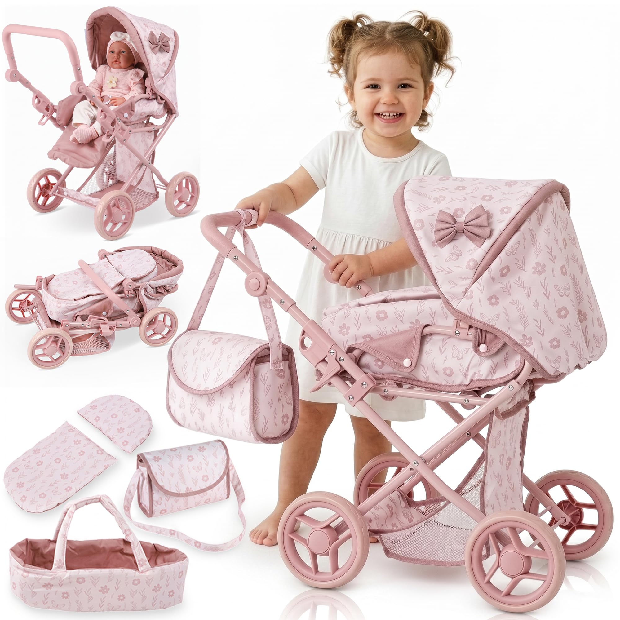 Kinderplay Wózek dla lalek 3 w 1 z torbą do przenoszenia, wózek dla lalek z regulacją wysokości 36,5-64 cm, składany wózek dziecięcy z cichymi kółkami piankowymi, dla lalek do 40 cm, od 3 lat