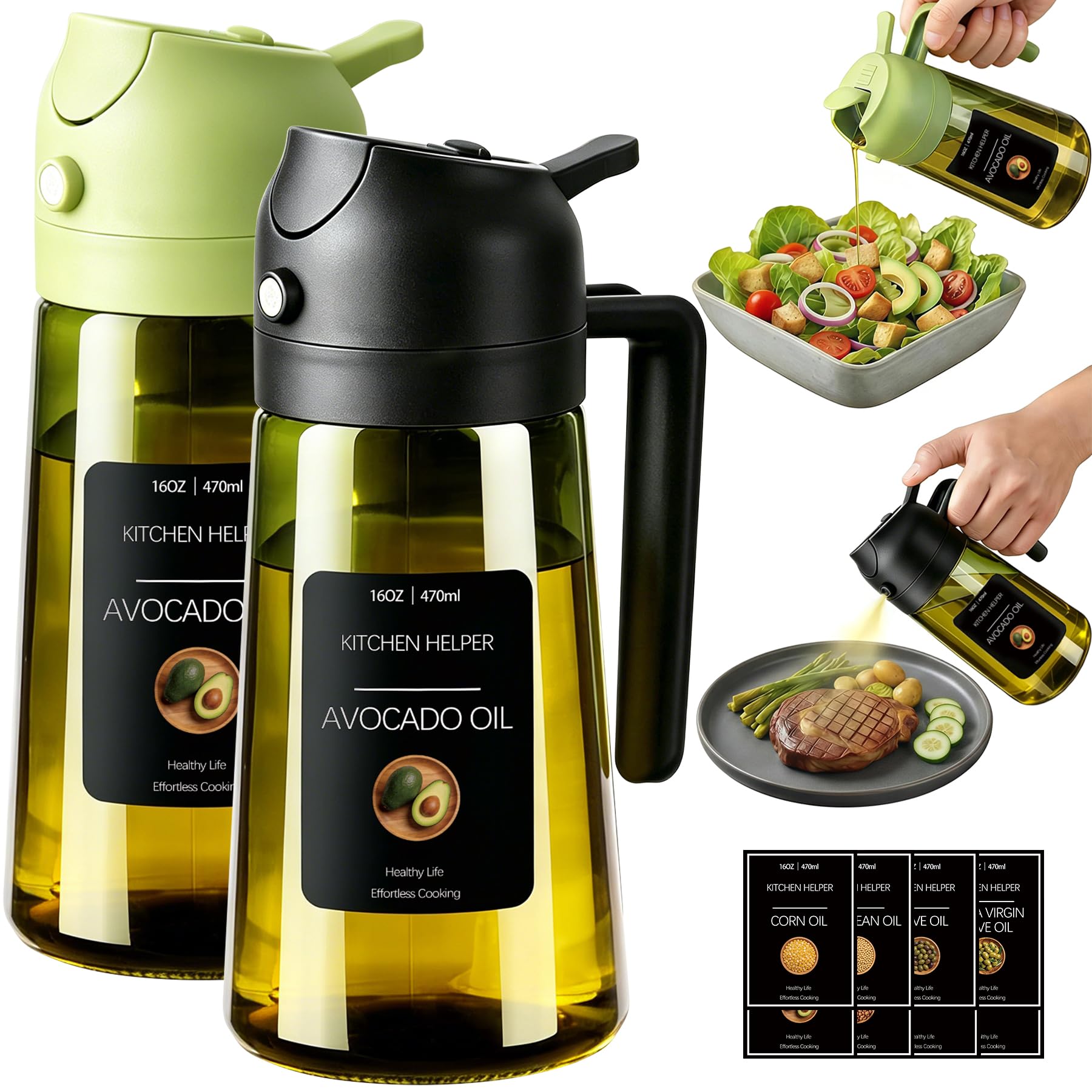 Poshetion 2 in 1 Olivenölsprüher zum Kochen, 453.6 g Lichtdichter Ölspender für Küche, auslaufsichere Ölsprühflasche für Luftfritteuse, Salat, BBQ, Backen, Grillen - Schwarz & Grün