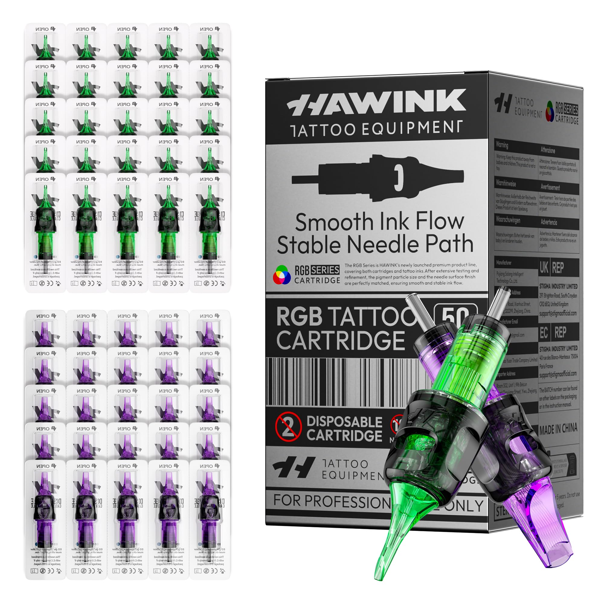 HAWINK Tattoo Nadeln Set 50 Stk. Einweg #12 Standard Round Liner/Shader/Magnum 3RL 5RL 7RL 3RS 5RS 7RM 9R 11RM 13RM 15RM Durchmesser 0,35mm Professional Tattoo Maschine Zubehör Set EN20-FG-50KIT-J