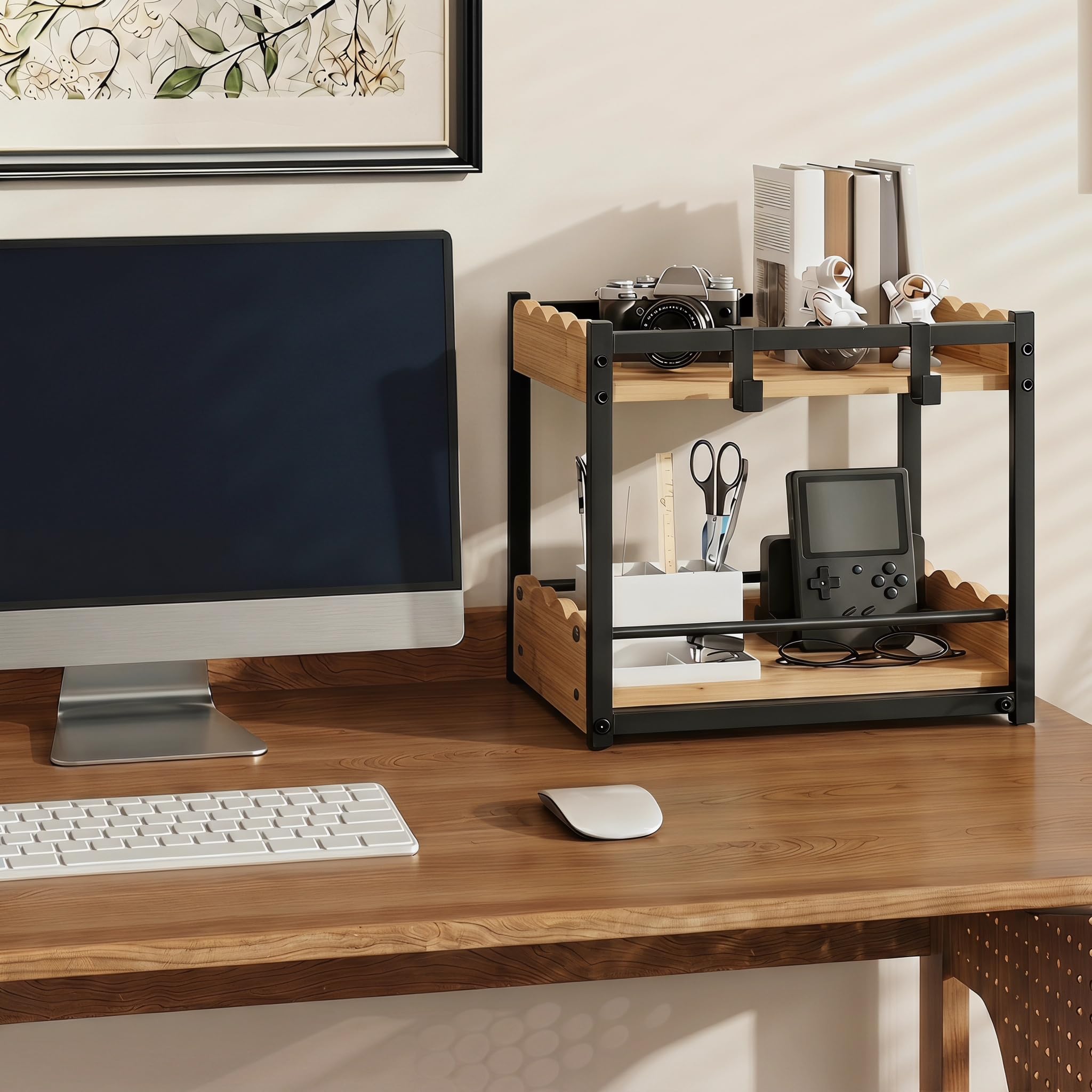 Organizzatore da banco a 2 ripiani in bambù naturale, moderno portaspezie industriale con ripiano estraibile e ganci, elegante contenitore per cucina e casa