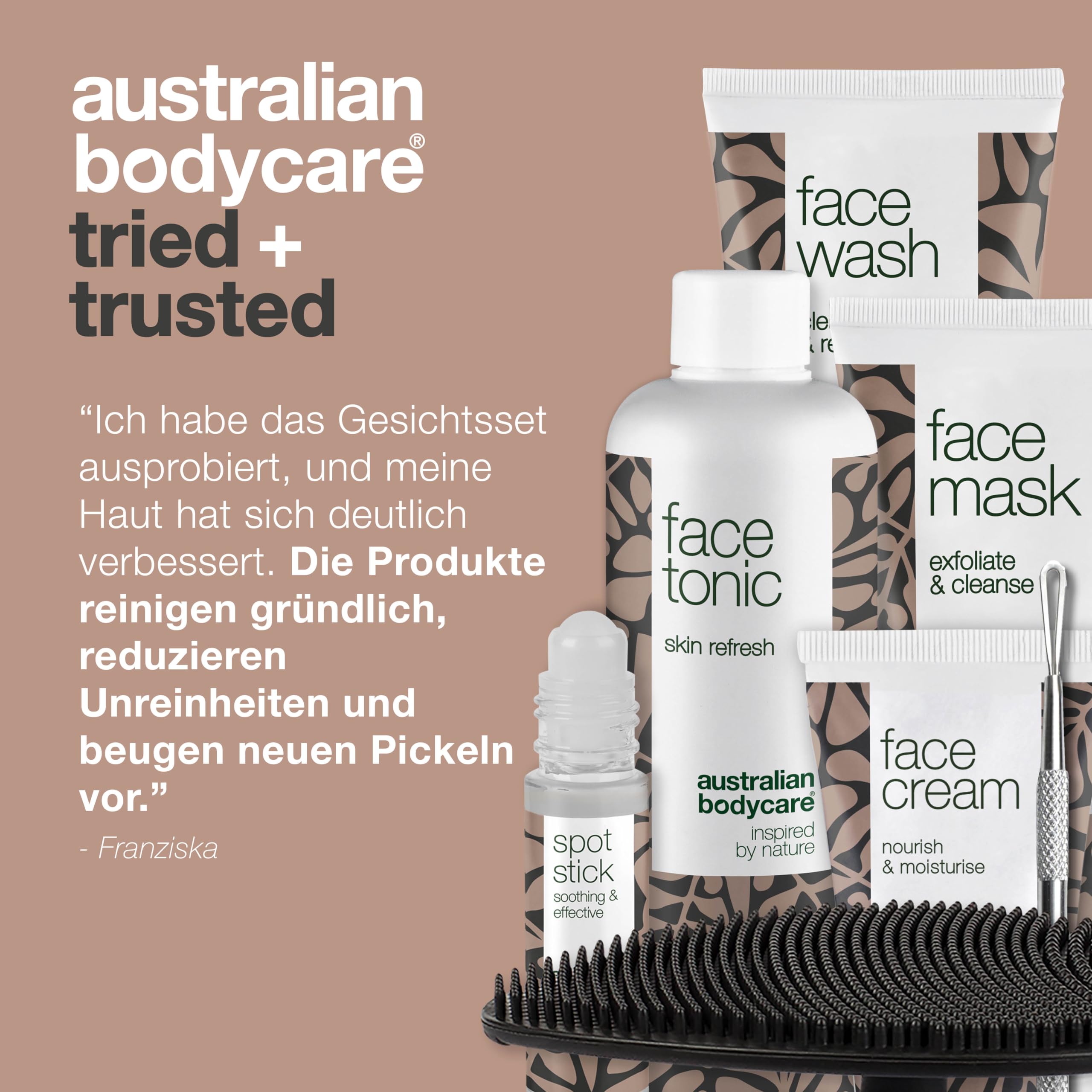 Ein 7-teiliges Set für die tägliche Pflege bei verstopften Poren und unreiner Haut | Gesichtsreinigung, Skin Tonic, Gesichtscreme, Pickel Stick, Gesichtsmaske, Mitesserentferner und Gesichtsbürste