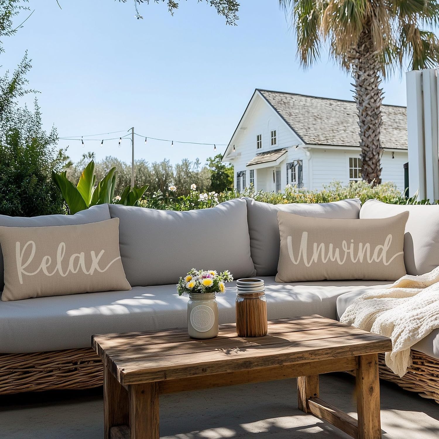 Decorative Throw Pillow Covers 12x20 Inch Set of 2 Relax Unwind Beige Outdoor Farmhouse Front Porch Patio Decor Neutral Lumbar Cushion Case Decoration for Home Sofa Couch Living Room - Image 3