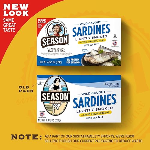 Miniatura 3 de Season Sardinas en aceite de oliva virgen extra  capturado en la naturaleza, ligeramente ahumado, 0.81 oz de proteína, aperitivos Keto, más Omega 3