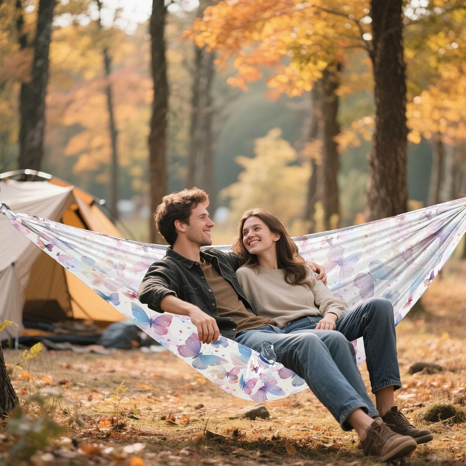 ALAZA Pink & Blue Butterfly Camping Hammocks Single or 2 Person 500 lbs Portable Parachute Travel Hammock w/Tree Straps for Hiking Backpacking Indoor Outdoor