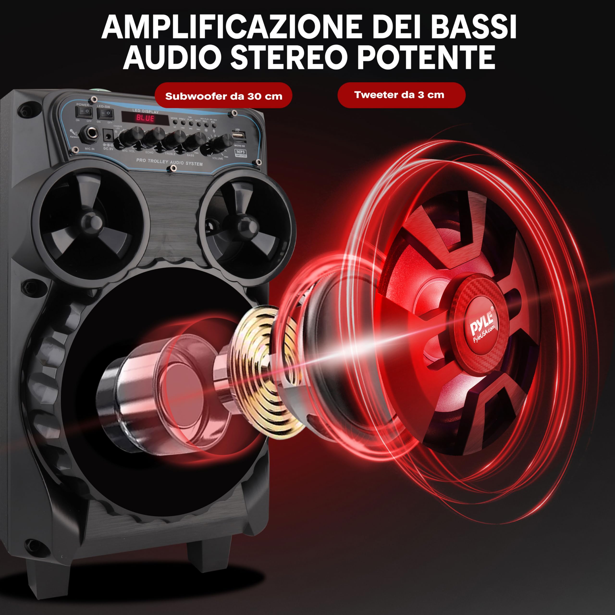 Pyle Cassa Bluetooth Portatile 580 Watt, Altoparlante Bluetooth 20,3 cm con Microfono Wireless, Ruote, Trolley, TWS, Luci LED Disco, Display, FM/AUX/MP3/USB/SD, Ingresso 6,35 mm