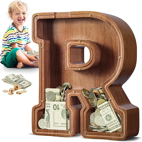 Miniatura 434 de SummiDate Alcancía de madera con nombre, niños y niñas, tamaño grande, letras alfabeto A-Z, monedas y billetes, inicial en cubierta transparente