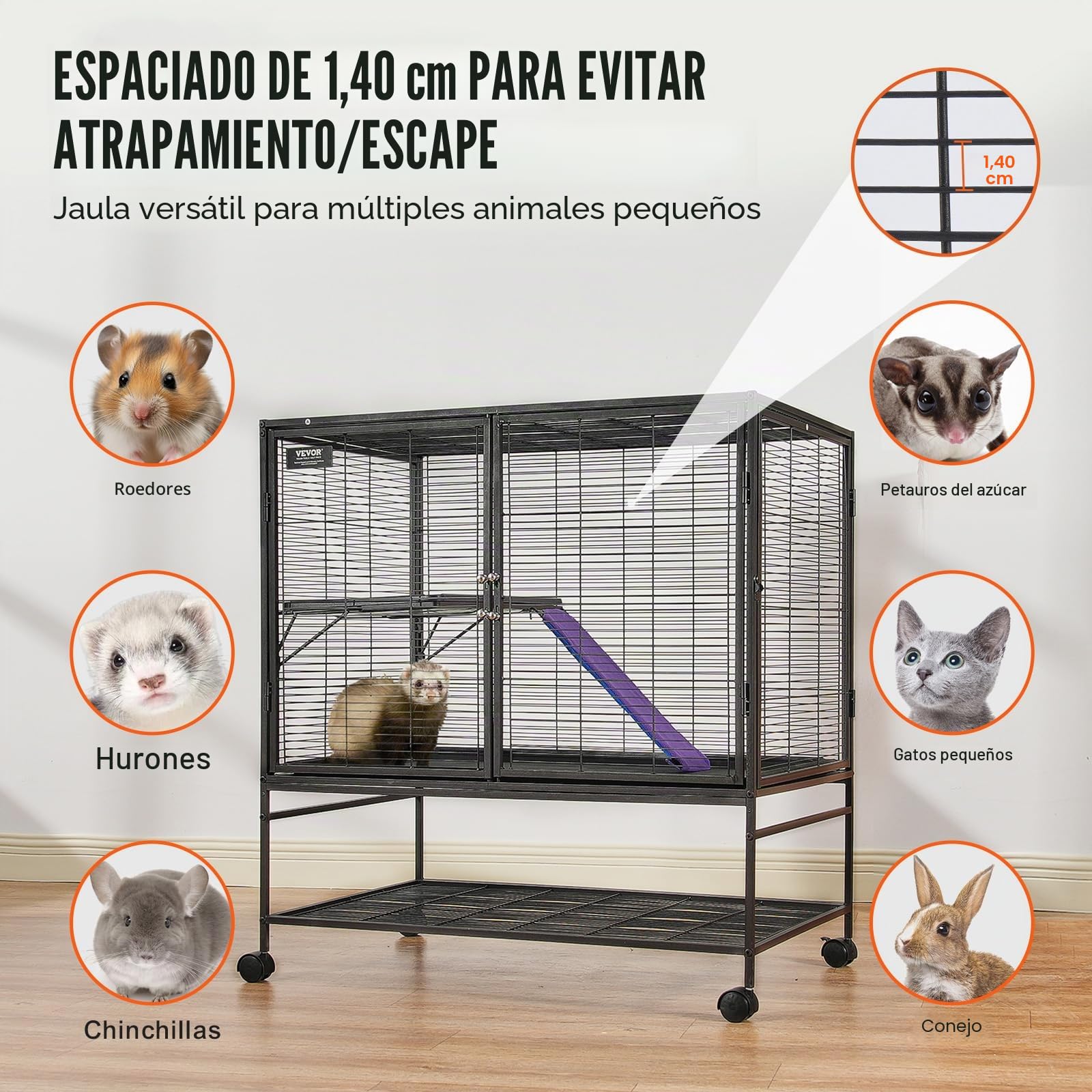 VEVOR Jaula para Hurones de Metal con Ruedas 1000 mm Jaula para Animales Pequeños de 2 Niveles con Rampa y Bandeja para Ratas, Hámster, Conejillo de Indias, Chinchilla, Ardilla, Erizo, Conejo