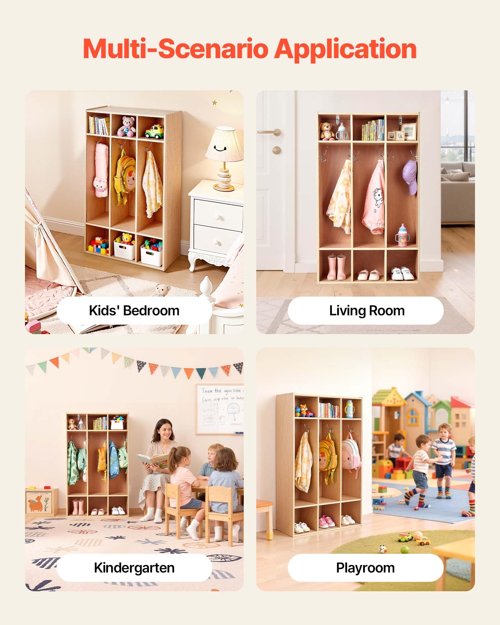 VEVOR Vestiaire 3 Enfants Ouvert, Penderie pour Enfants en Bois, Rangement pour Crèche Maternelle Garderie Maison, Meuble d'accueil Scolaire avec Casiers à Manteau et à Chaussures, Cases Supérieures