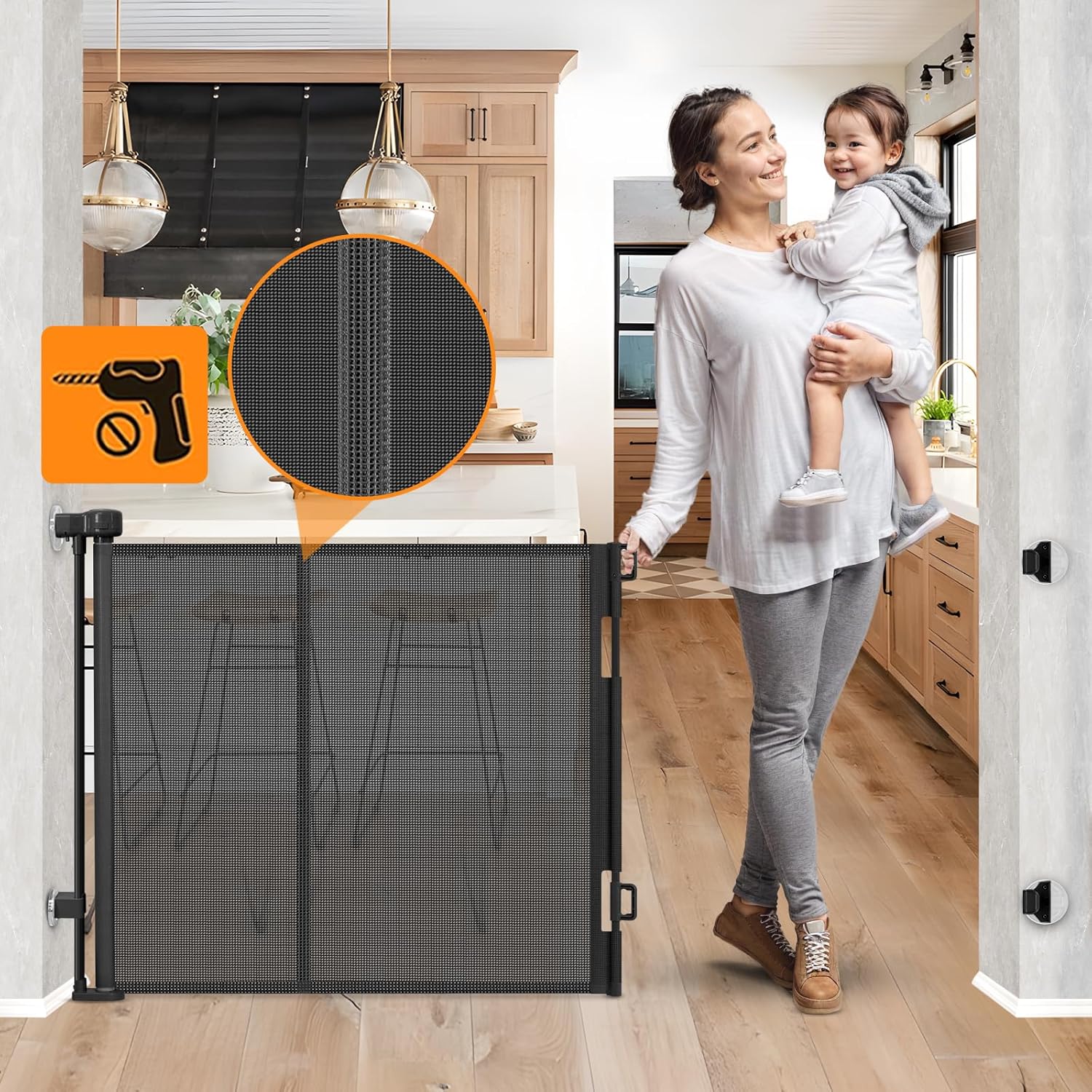 Reinforced No Drill Retractable Pet Gates for Doorways No Drilling Retractable Dog Gate with Support Rods to Prevent Crawling Underneath, 55” Wide Retractable Baby Gate No Drill Retractable Mesh Gates