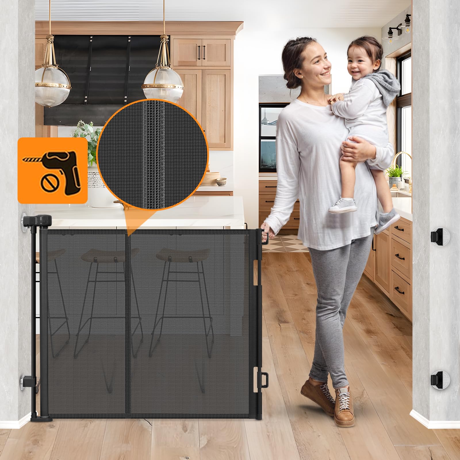 Reinforced No Drill Retractable Pet Gates for Doorways No Drilling Retractable Dog Gate with Support Rods to Prevent Crawling Underneath, 55” Wide Retractable Baby Gate No Drill Retractable Mesh Gates