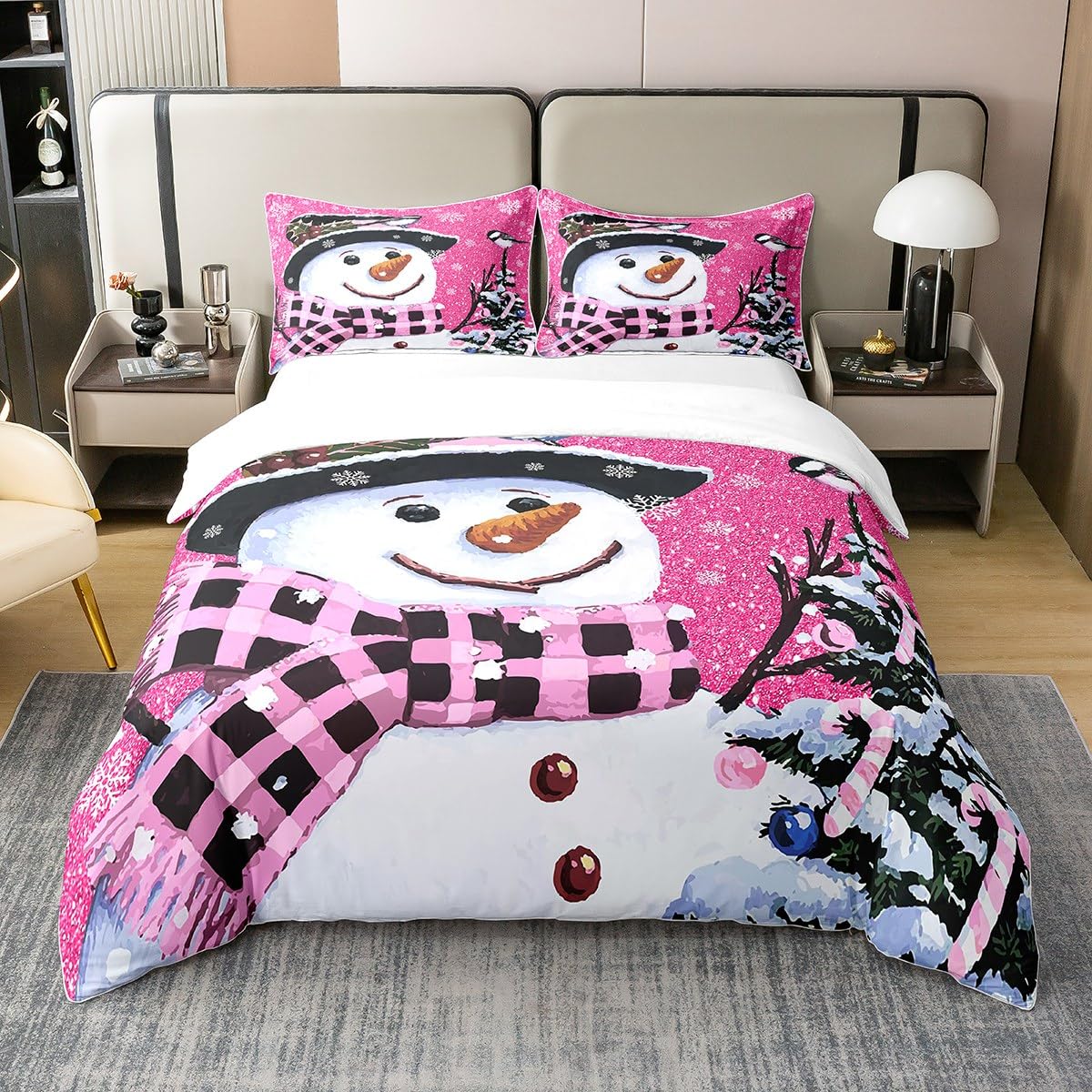 Loussiesd Kids Christmas Theme Decorations Bedding Set Xmas Snowman Duvet Cover for Boys Girls Snowflake Kawaii Cute Comforter Cover Set Rose Red Bedspread Cover Bedroom Collection Super King Size — image 1