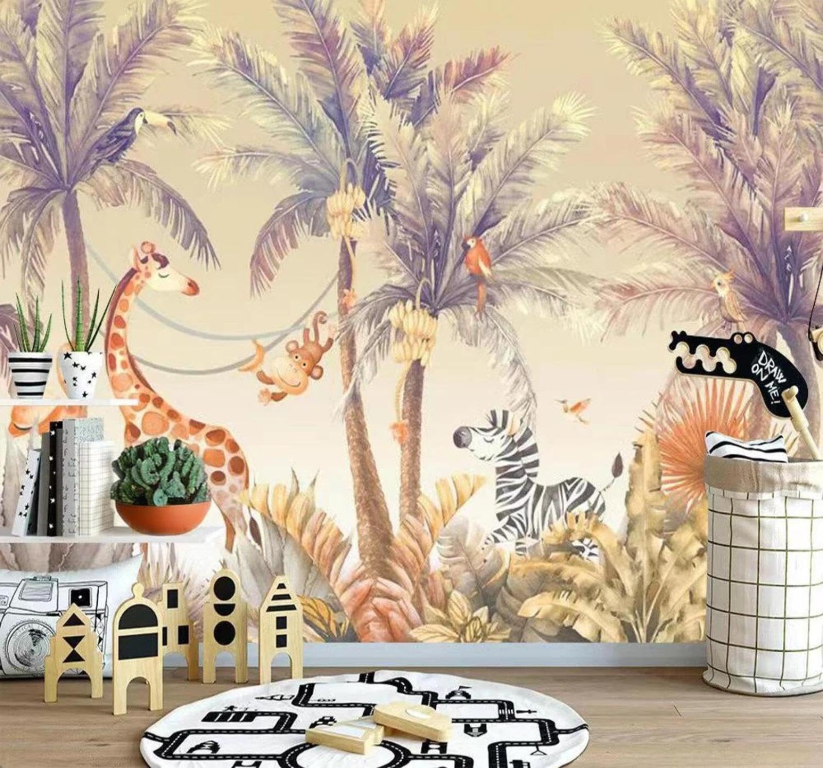 Wallpaper-3D-Xlm 400Cm×280Cm(B×H) Retro Tropical Jungle Cartoon Animals 3D Wallpaper Easy Install Feature Office Living Room Sofa Bedroom Tv Background Wall Decoration-400Cm×280Cm