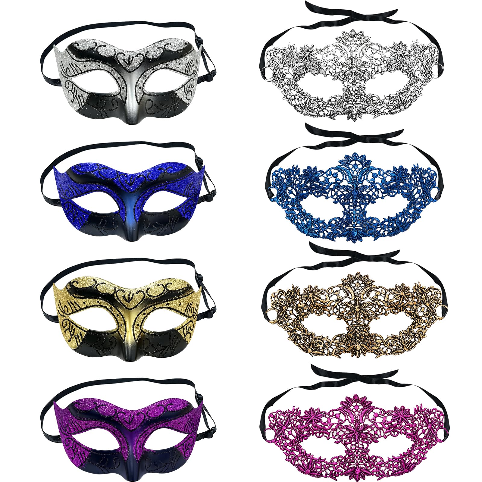 BOSOIRSOU 8PCS Masquerade Mask Set for Women & Men, Elegant Party Masks Bulk for Masquerade Ball, Mardi Gras, Halloween, Carnival, Prom, Cosplay, Costume Party Decorations