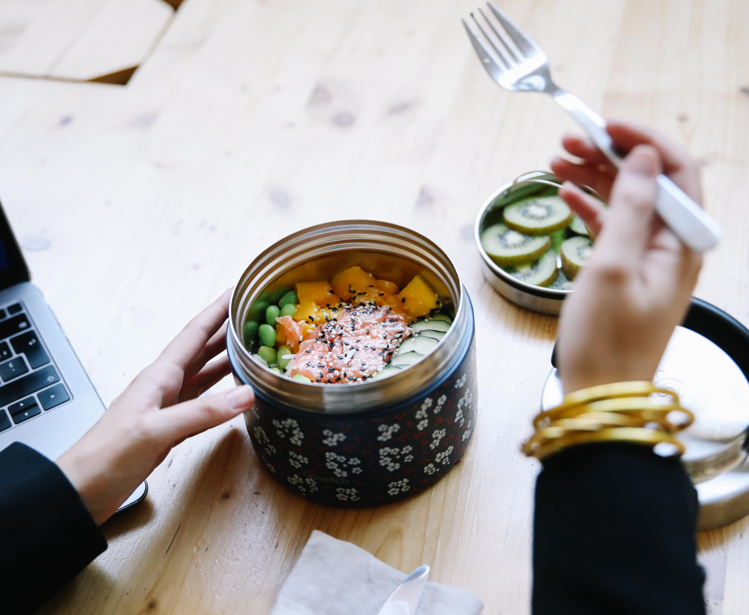 QWETCH - Thermobehälter für Essen mit Griff - 650ml Hanami Blau - Lunchbox Edelstahl Isotherm - 5h Heiß & 7h Kalt - Auslaufsicher & BPA-frei