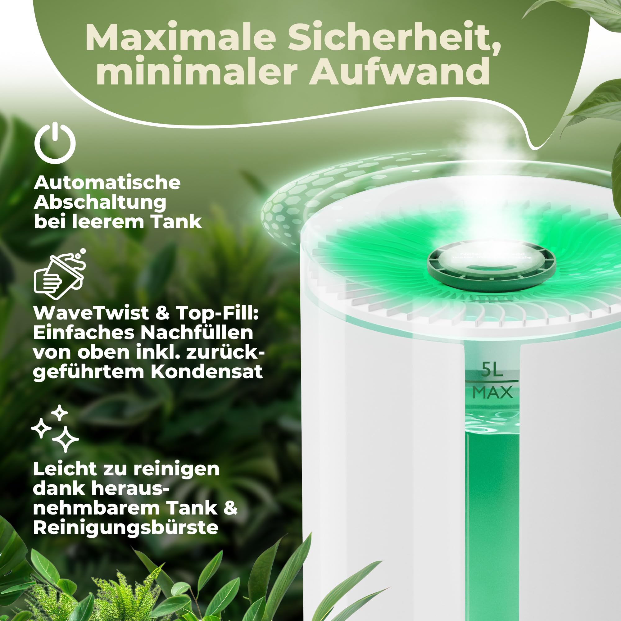 WOHLGRÜN TAU360 Ultraschall Luftbefeuchter 5L mit Hygrostat 360 Grad für Pflanzen Schlafzimmer Growzelt