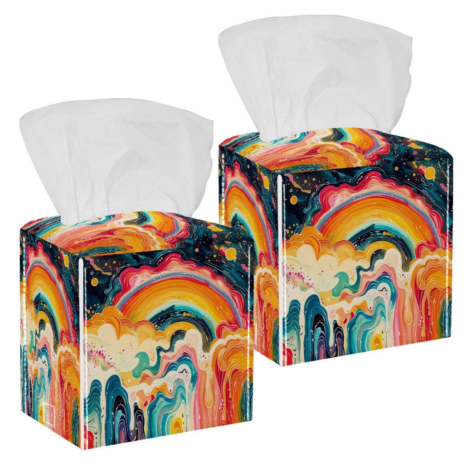 Rainbow Tissue Box Cover, 2 Pack PU Leather Square Facial Tissue Dispenser Box holder for Home Office Car