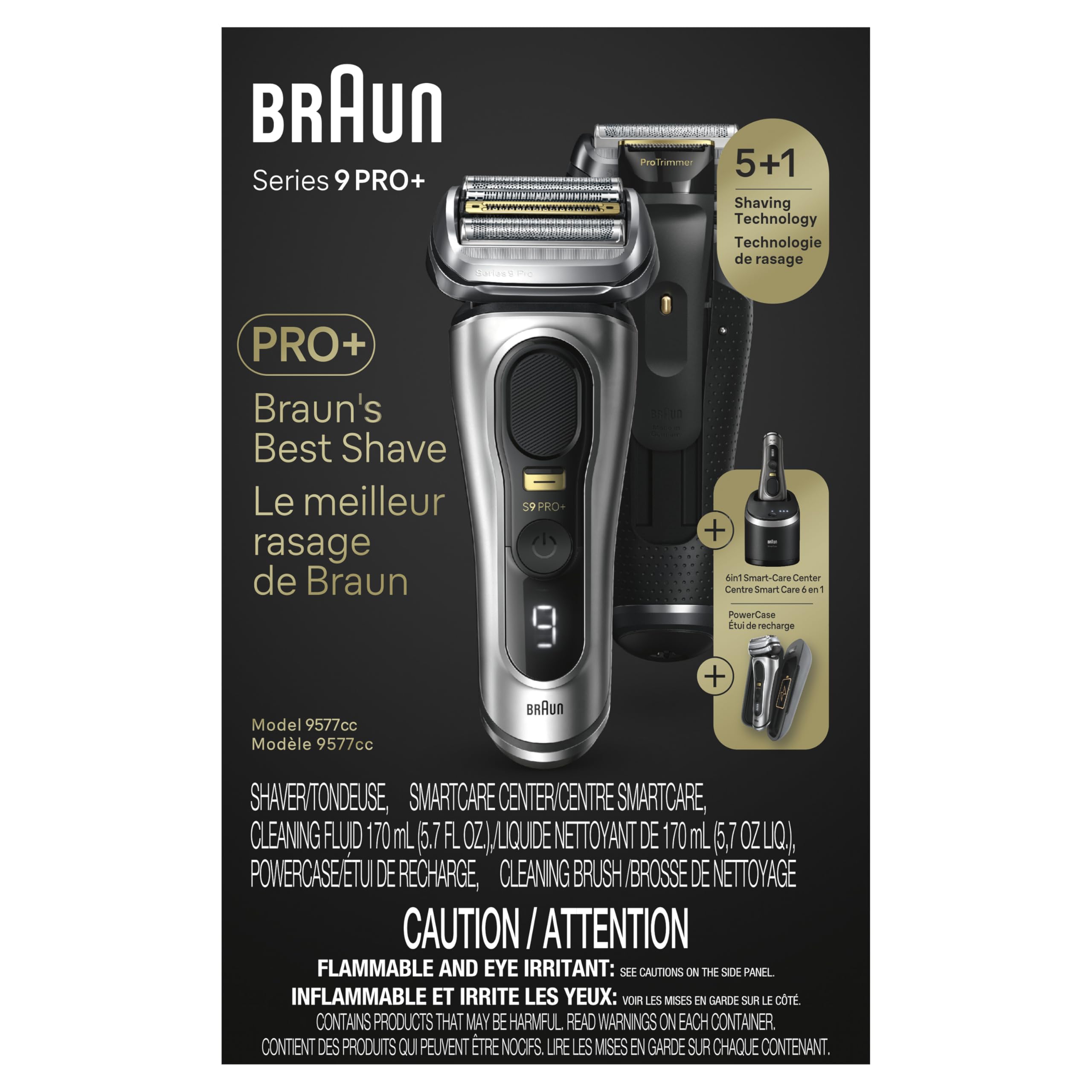 Braun Serie 9 PRO+ 9577cc Rasoio elettrico da uomo, 5 elementi Pro e rasoio di precisione per capelli lunghi, Centro SmartCare 6in1, PowerCase ricarica mobile, Wet & Dry