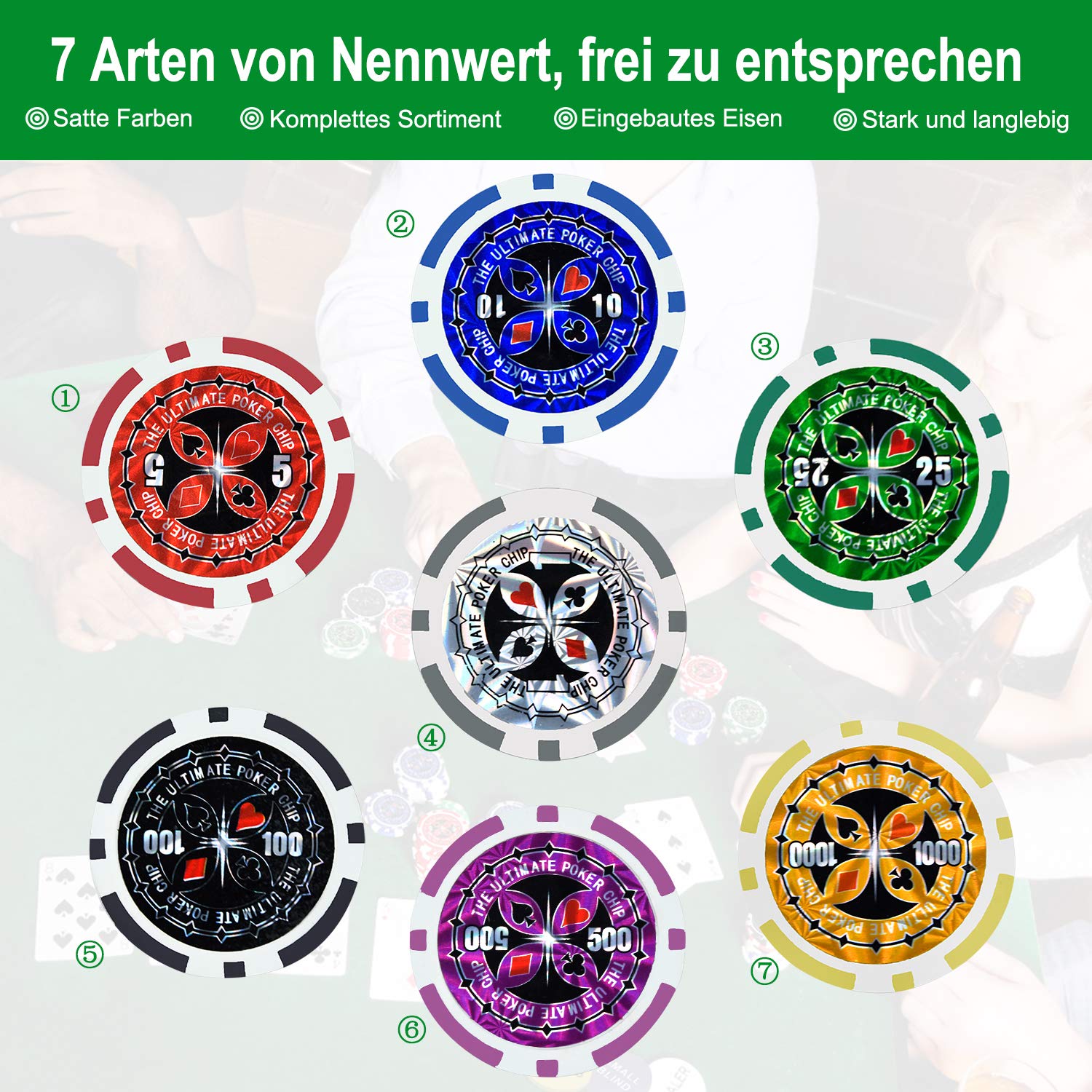 LZQ Custodia da poker 500 chip Texas Hold'em, con custodia nera in alluminio per il trasporto e chip da casinò, 2 giochi di carte dealer Small Blind Big Blind Buttons e 5 dadi