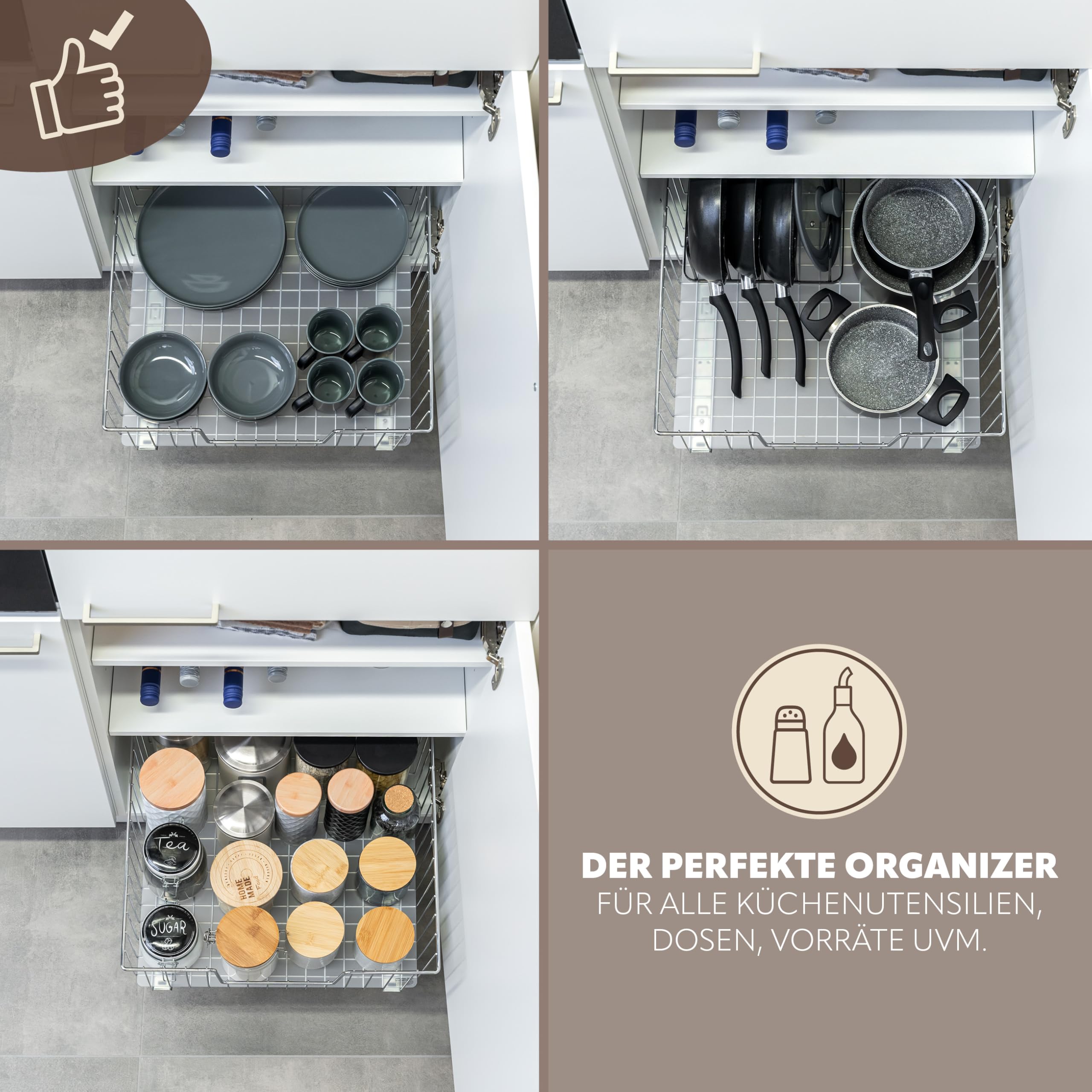 bremermann Schrank-Korbauszug 2er Set 50 cm Breite mit Einlegeboden, Küchenschublade zum Nachrüsten, Vollauszug mit Teleskop-Schienen, ideal für Küche, Bad & Schlafzimmer aus Metall (Chrom)