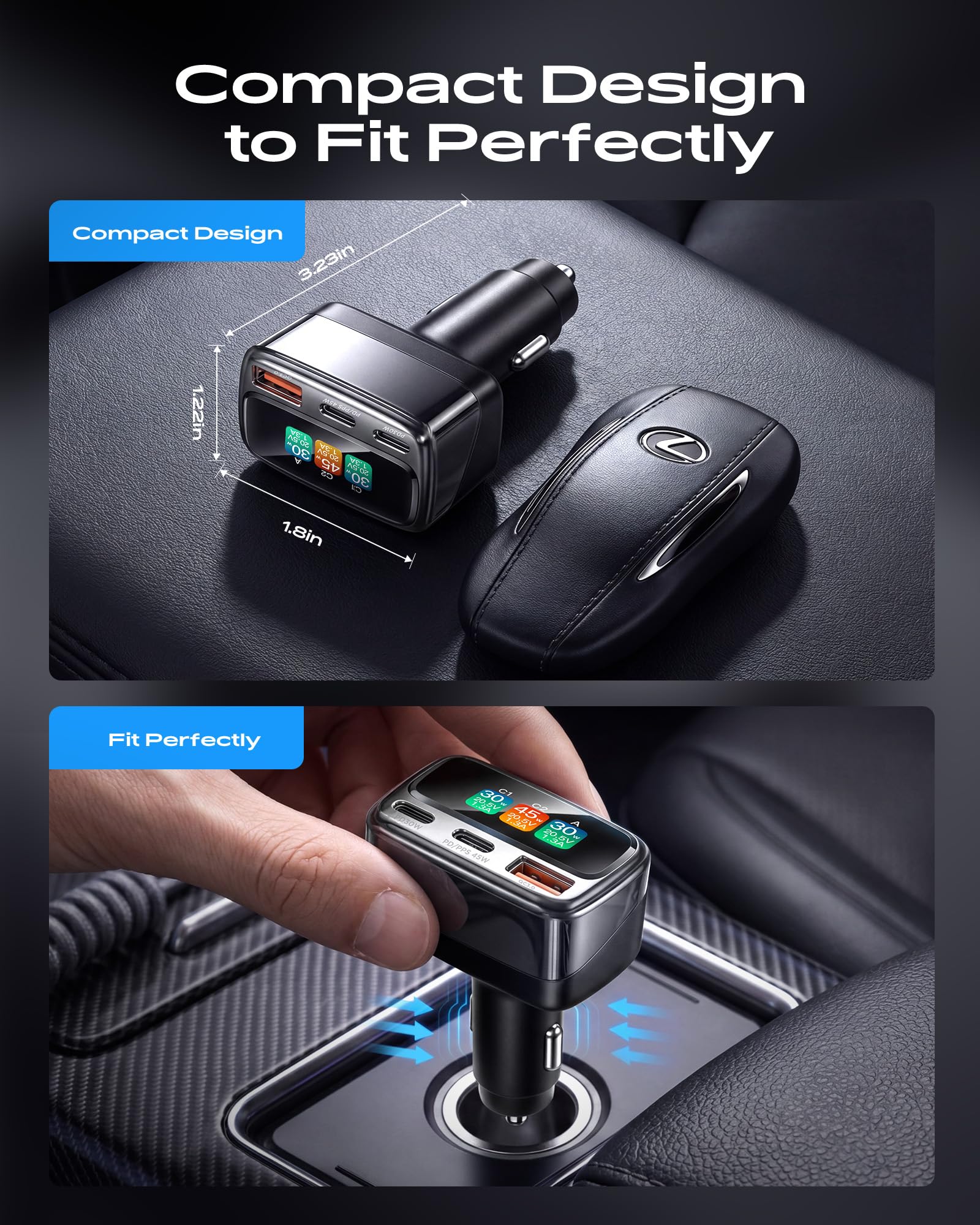 Chargeur de voiture USB C 105 W avec écran couleur numérique, adaptateur allume-cigare à 3 ports à charge rapide pour iPhone 17/16/15 Pro Max, Samsung S26, accessoires de voiture de voyage cadeaux