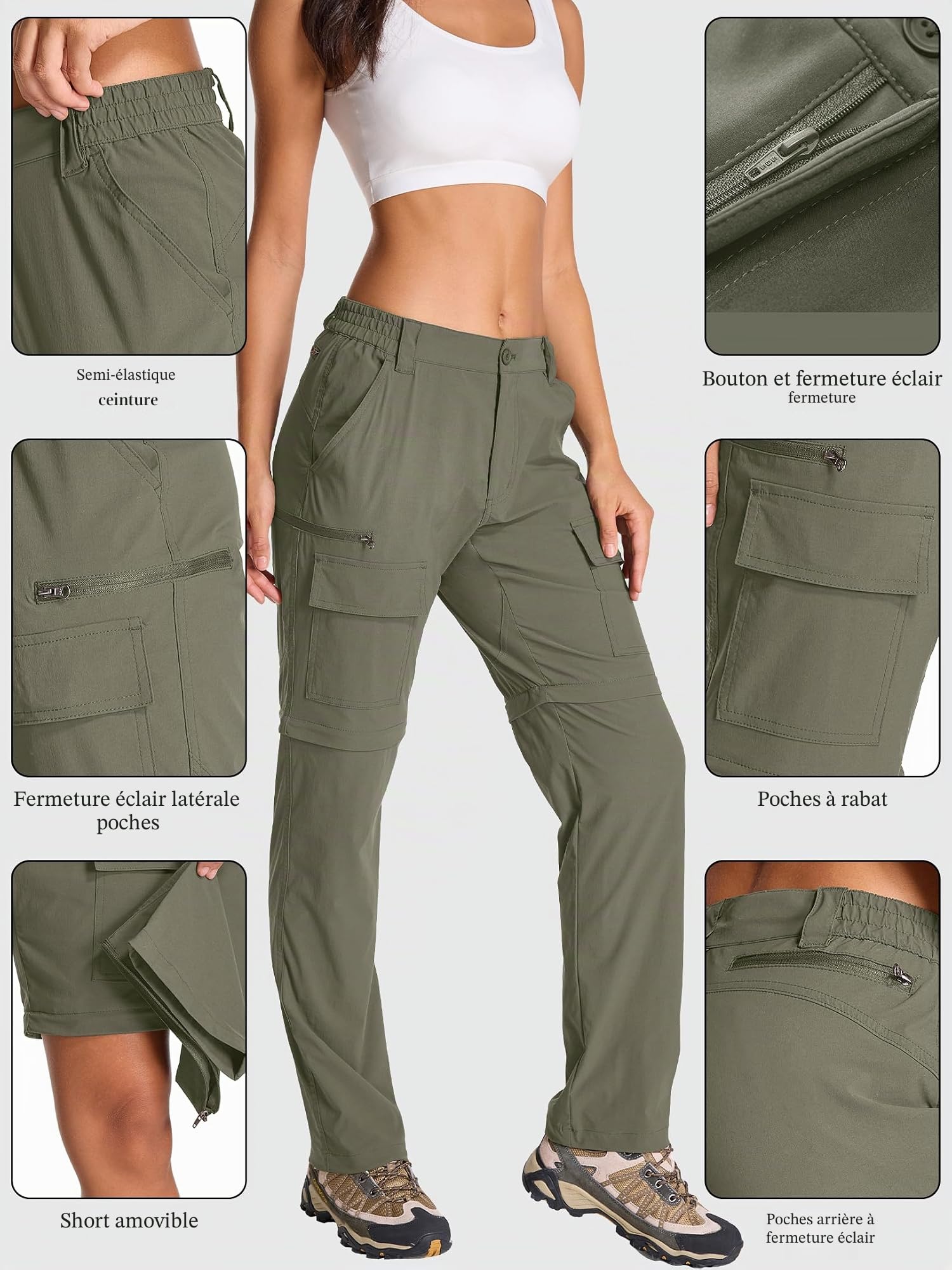 Pantalon de randonnée zippé pour Femme, Convertible léger à séchage Rapide pour Femme léger et Amovible, Respirant et à séchage Rapide idéal pour Le Safari, pour l'été et Le Travail