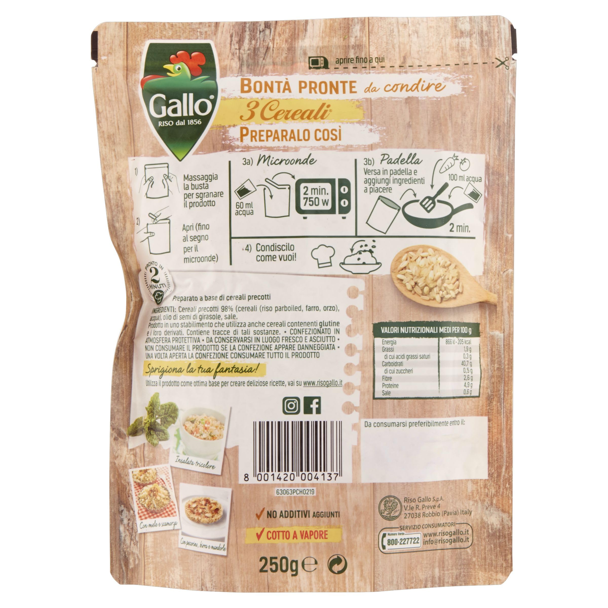 Riso Gallo Bontà Pronte 3 Cereali 6 x 250gr, Riso e MIx di Cereali, Cotto a Vapore, Pronto in 2 min al Microonde, in Padella