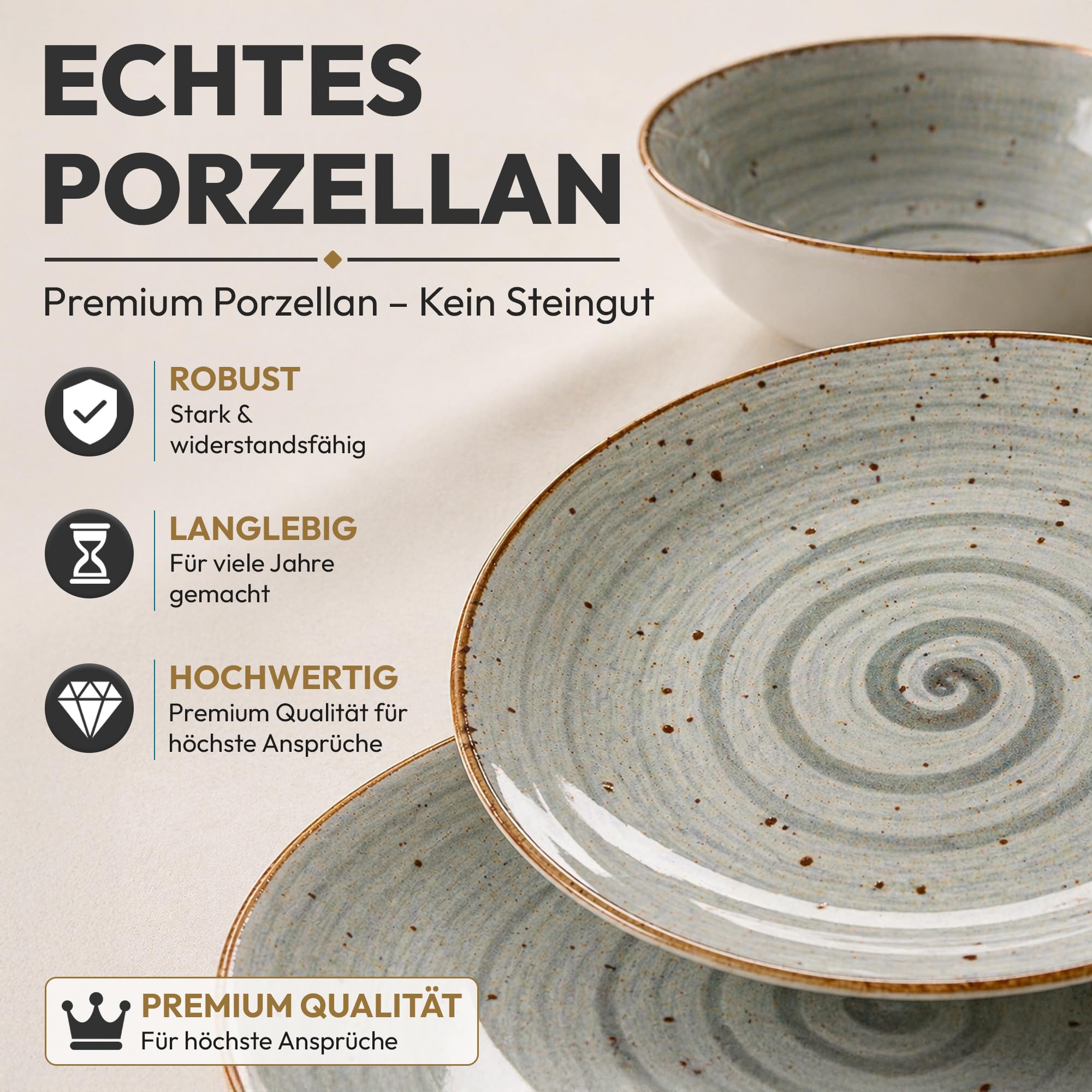 Geschirrset 24-teilig aus Porzellan für 6 Personen | Tiefe Suppenteller, Flache Essteller, Dessertteller und Schüsseln | Hochwertiges modernes buntes Vintage Tafelservice Kombiservice | Grau