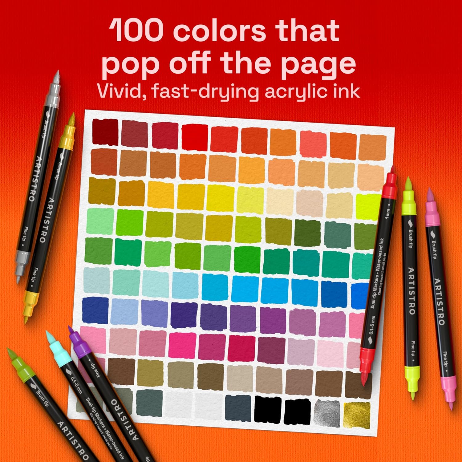 ARTISTRO 100 Dual Tip Acrylic Paint Markers, Paint Pens, Drawing Markers for Textile, Rock, Glass, Wood, Paper, Ceramic, Canvas, DIY - Art Supplies Kit for Kids and Adults (Brush + Fine)