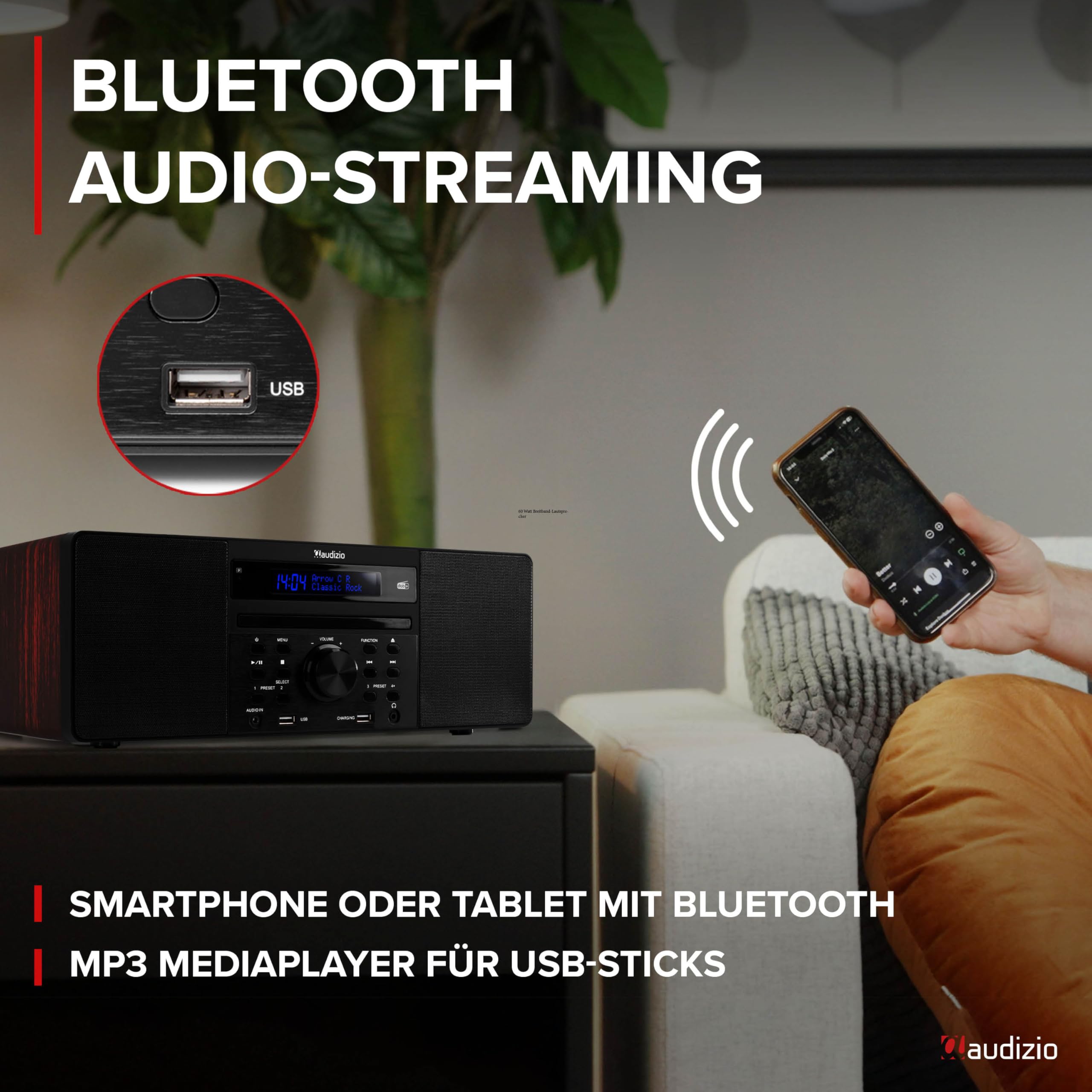 Audizio Prato - DAB Radio mit CD Player, MP3-Player, Bluetooth Radio, USB, DAB+, FM-UKW, Fernbedienung, Sleeptimer, Kompaktanlage mit Weckfunktion, Braun