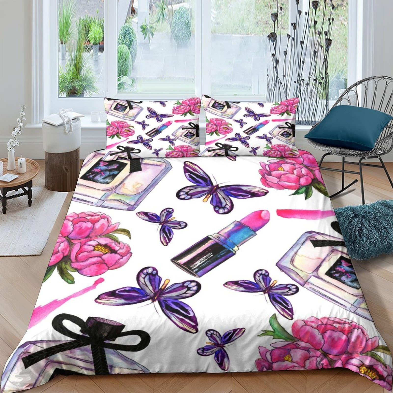 GPLZQXKJNH 3D Printed Pink Rose Butterfly Duvet Cover Microfiber Soft Breathable Makeup Motif Bedding Set with 2 Pillowcases Single（135x200cm）