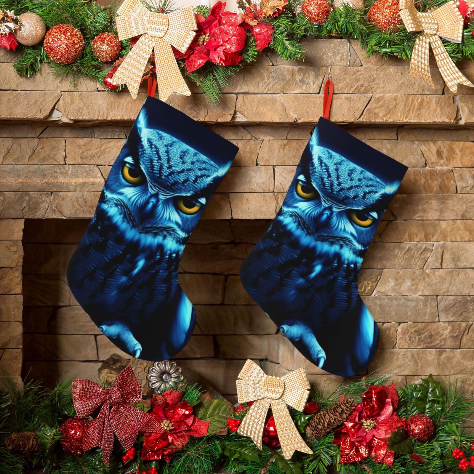 KLOPH Christmas Stockings 18" Personalized Xmas Stocking Blue Owl Decoration Stocking Hanging Fireplace Stocking for Holiday Xmas Tree Christmas Fireplace Decor