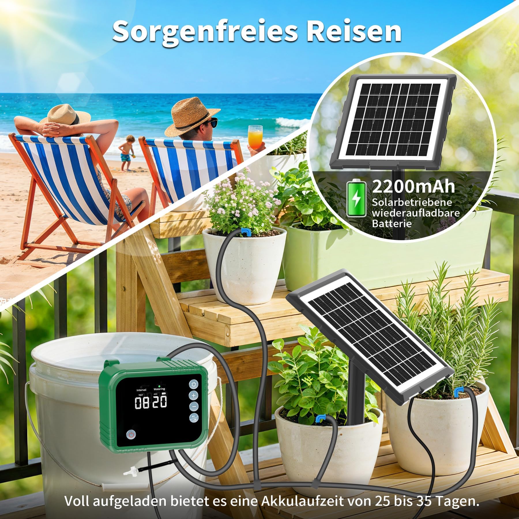 Sistema de riego solar para plantas de balcón con pantalla LCD, 350 modos automáticos de temporizador de riego, riego automático por goteo para 15 plantas con manguera de 15 m, riego automático