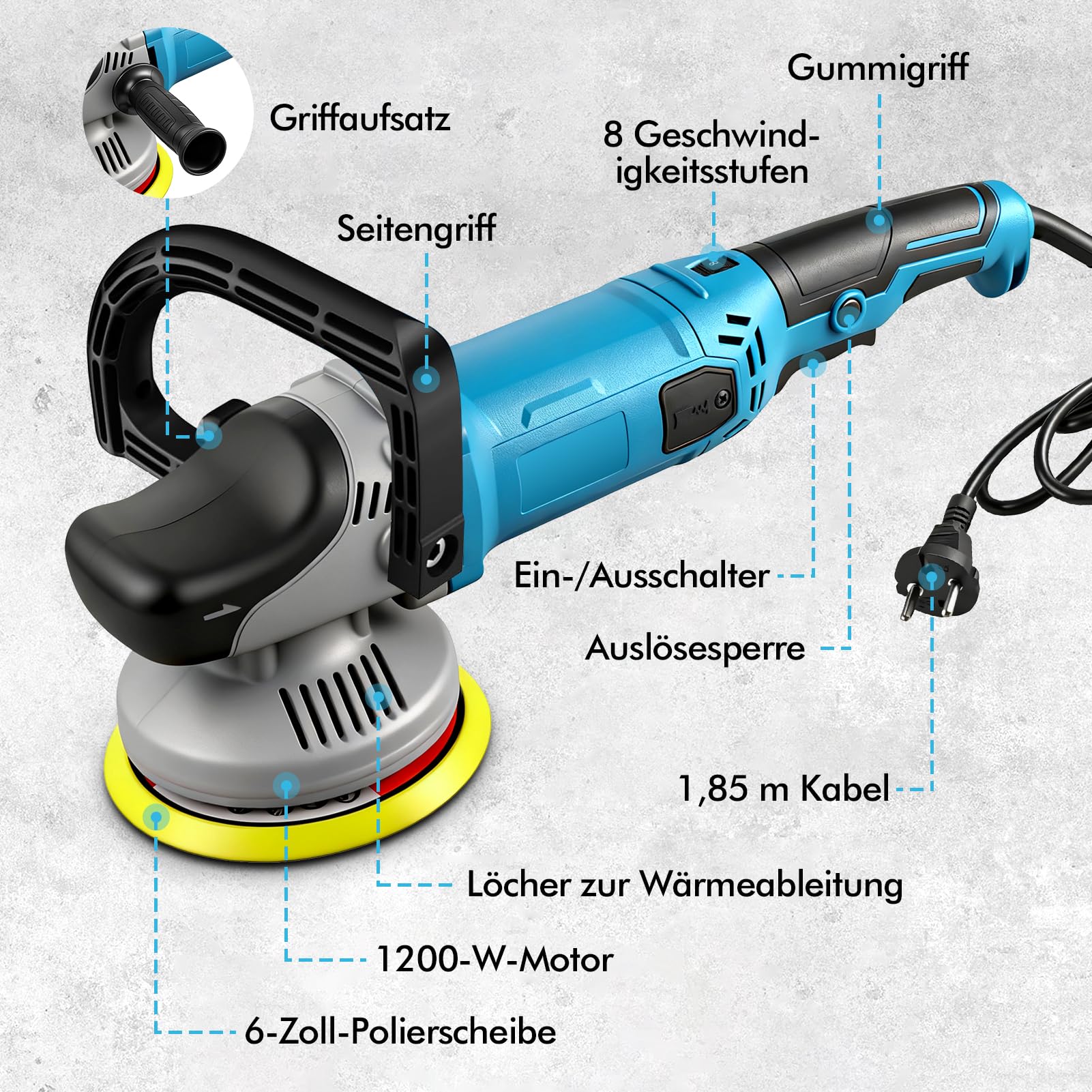 Poliermaschine Auto Professional Set, 150mm 1200W Exzenter Poliermaschine, 8 Geschwindigkeiten1000-4200RPM, 2M Kabel, Abnehmbarer D-Griff und Seitengriff, zum Polieren von Auto, Möbeln