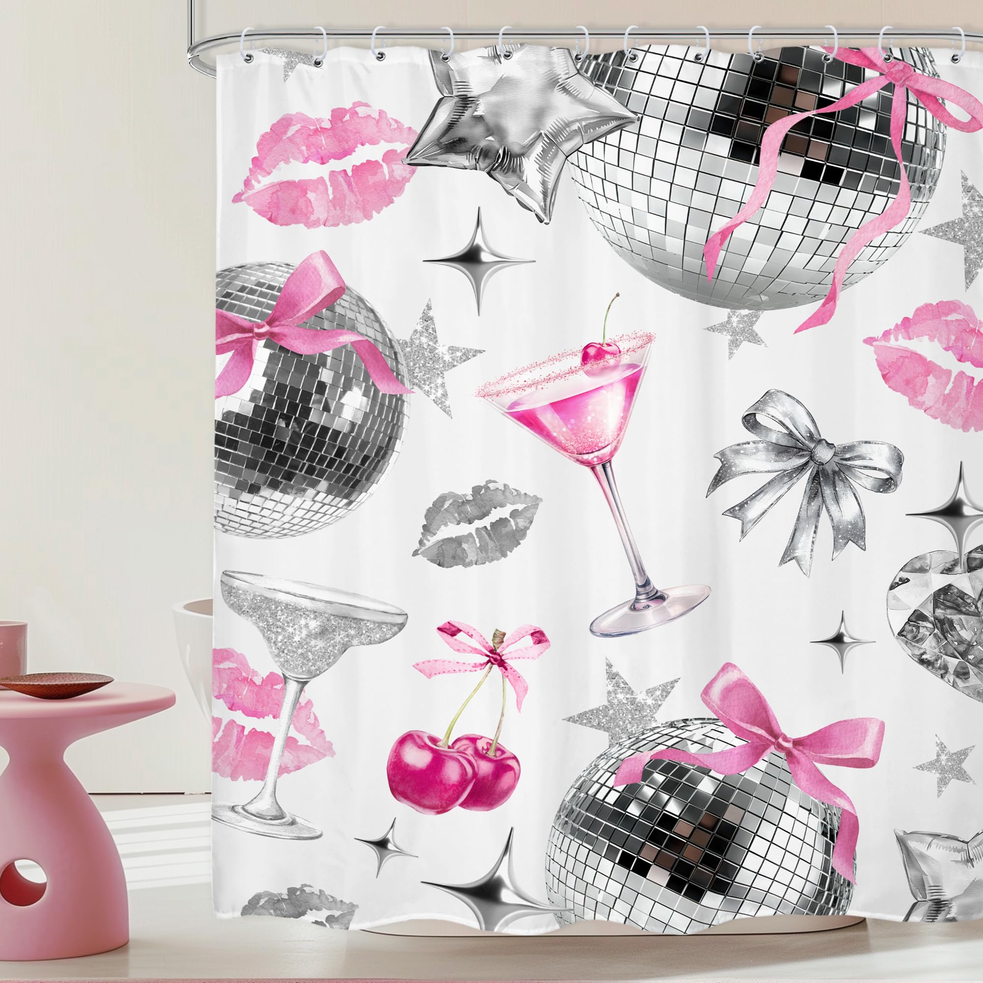 LIGHTINHOME Retro Pink Bows Shower Curtain 60Wx72H Inches Preppy Silver Disco Ball 70s Cherry Cocktail Y2k Lips Modern Groovy Teens Girls Fabric Waterproof Polyester Bathroom Home Decor Set with Hooks